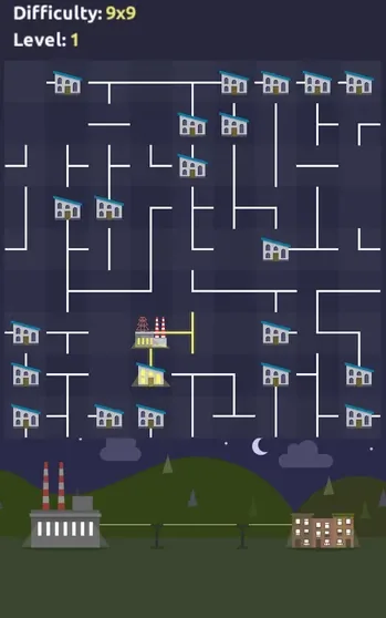 Powerline larger field with many houses spread across the grid
