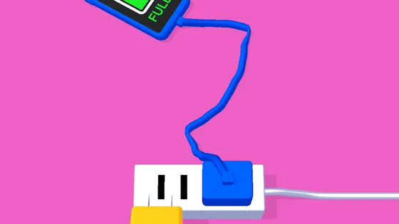 Recharge Please! board with coloured plugs joined to matching sockets by cables